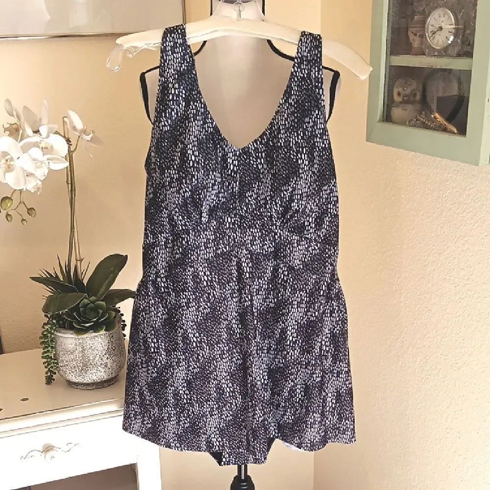 NWT. Simply Fit Black and White Empire Swim Dress